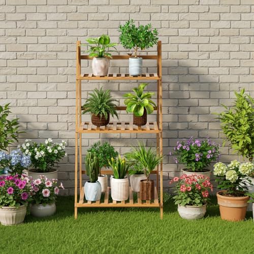Foldable Ladder Shelf 37.8" Bamboo Plant Shelf 3-Tier Storage Rack - Image 7