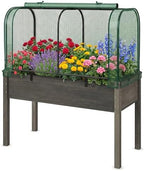GIANTEX Raised Garden Bed with Cover, Wood Elevated Planter Box with Legs & Mini Greenhouse, Waterproof Sun-Protective PE Green House Cover, Outdoor Use for Fruit Vegetable Flower Herb (Green+Gray) by Giantex