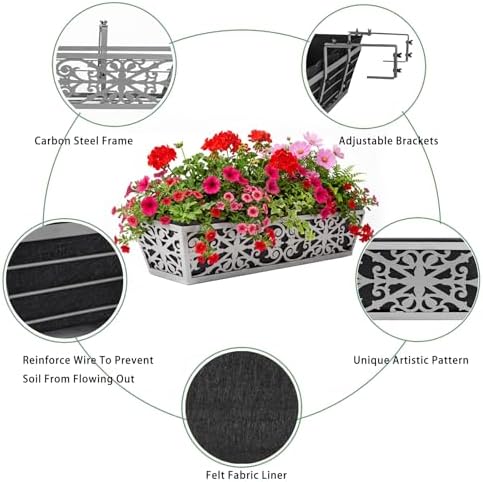 4 Pack 24 Inch Window Boxes Planter for Outdoor Plants Deck Railing Planters Box with Adjustable Brackets for Porch Fence Balcony Hanging Flower Baskets with Non-Woven Fabric Liner for Garden Decor - Image 3