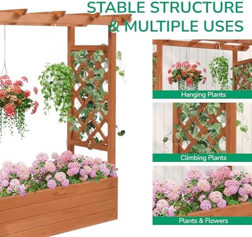 Outvita Raised Garden Bed with Trellis, Wood Planter Box with Hanging Roof, Side Trellis and Drainage Holes, Above Ground Elevated Garden Bed for Outdoor Climbing Plants Vines Vegetables (Teak Color) - Image 4
