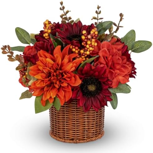 Hollyone 13.8" Hydrangea Fall Flowers Arrangement in Baskets Outdoor Indoor Fake Hydrangea Sunflowers Artificial Flower in Woven Baskets Fall Decor Red Orange Faux Plants Autumn Decorations for Home by Hollyone