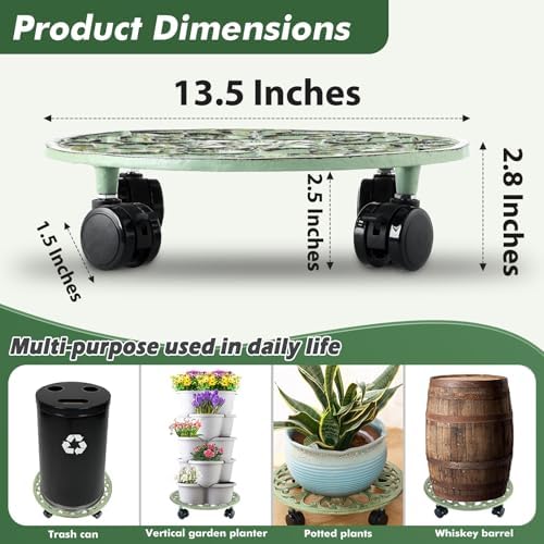 3 Packs 14 Inch Rolling Plant Stand with Wheels Metal Plant Caddy with Wheels Heavy Duty Round Plant Stand Indoor Iron Plants Rollers for Plants, Plant Dolly Retro Green - Image 4