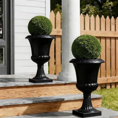 2PCS Plastic Urn Planter, Large Flower Urn for Outdoor Patio, Modern Garden Pot with Drainage Hole, Decorative White Vase for Front Porch, 19 Inch (Black 2) - Image 4