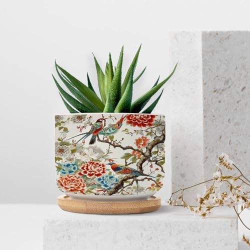 Chinoiserie Tree Peony Bird Floral Planter Ceramic Coral Turquoise Botanical Round Flower Pots with Drainage Holes and Bamboo Tray Pot for Pots Outdoor Indoor Plants - Image 7