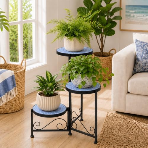 3 Tier Mosaic Ceramic Top Plant Stand, Foldable Flower Pot Holder by Chonsun