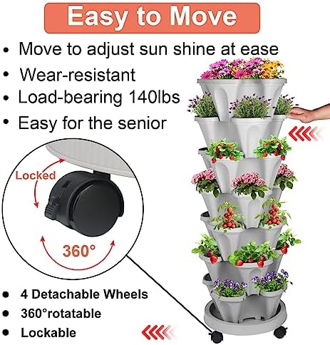 GameXcel Vertical Planter Tower - 7 Tier Stackable Garden Planters with Wheels and Tools Plant Pots for Strawberry Herb Flower and Vegetable Indoor Outdoor Use Gray - Image 5