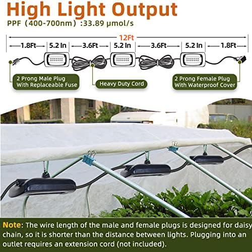 Owleye 12FT Outdoor Grow Lights LED String Plant Light, IP65 Waterproof, Full Spectrum, 120V, ETL Listed, 33.89 umol/s, Linkable Grow Light for Greenhouse & Outdoor Garden & Raised Bed (3-Bulbs)-2 Set - Image 2
