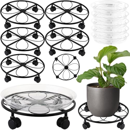 5 Packs 13.5 inches Large Metal Plant Caddy with Wheels Round Planter Dolly Pot Mover Rollers Wrought Iron Rolling Plant Stands Indoor Outdoor Wheeled Plant Holder Coaster Trolley, Black by DEELF+OUTLET