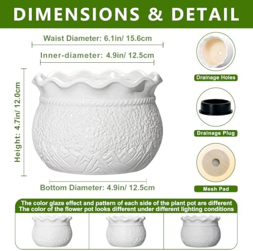 Ceramic Flower Pots, 6 Inch Plant Pot for Indoor Plants, White - Image 2