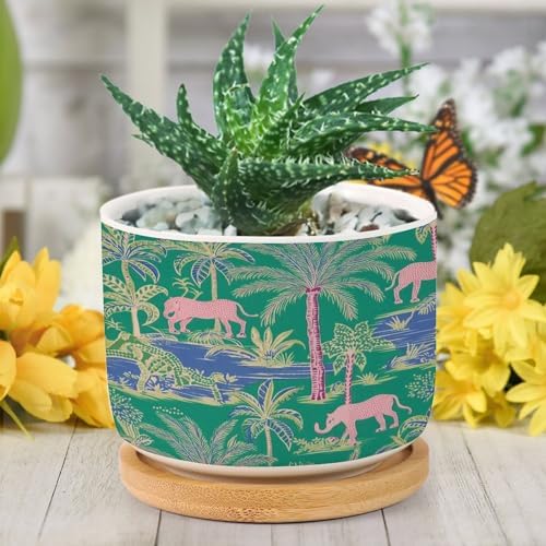 Animal Green Chinoiserie Planter Ceramic Asian Thailand Pink Elephant Floral Round Flower Pots with Drainage Holes and Bamboo Tray Pot for Indoor Outdoor Garden - Image 6
