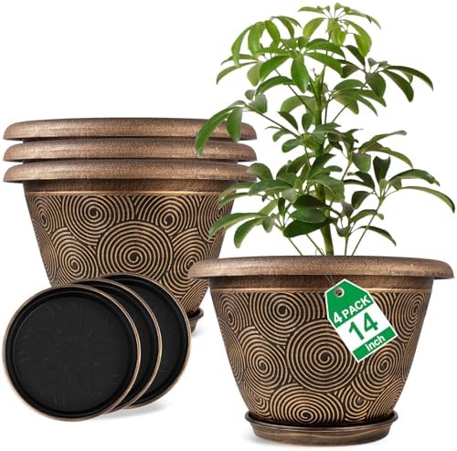 Fodetyff 14 Inch Large Planter Pot for Plants Indoor Outdoor, 4 Pack Plastic Flower Pots with Drainage Hole & Tray, Modern Decorative Garden Pot with Saucer, Plant Container for House by Fodetyff