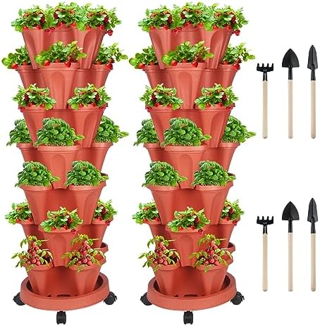 GameXcel Vertical Planter Tower - 7 Tier Stackable Garden Planters with Wheels and Tools Plant Pots for Strawberry Herb Flower and Vegetable Indoor Outdoor Use Red 2 Pack by GameXcel