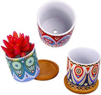 4 Pcs Colorful Mini Ceramic Cylinder Succulent Plant Pots with Bamboo Trays, Thumb Flower Pots for Small Plants and Decorative Objects - Colorful Mandala Styles - Image 2
