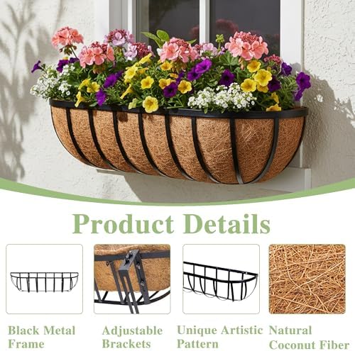 24 Inch Railing Planter Window Box Deck Balcony Rail Planter with Coco Liner Metal Wall-Mounted Coconut Liner Planter Basket English Horse Trough Planters for Outdoor Balcony Porch Fence (2 Pack) - Image 5