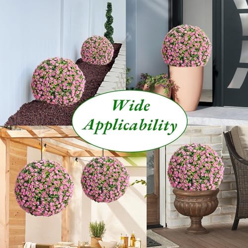 15.7 Inch Artificial Hanging Topiary Balls Set of 2, Faux Flower Balls for Garden Patio Wedding Valentine's Day Decor, Outdoor Indoor Hanging Decorations for Porch Front Door Party, Pink - Image 6