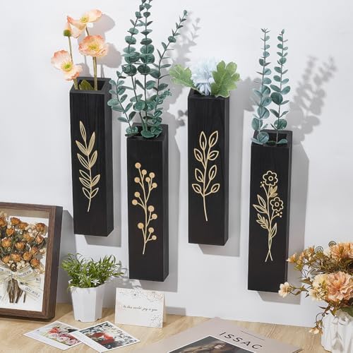 peacoblue Wood Wall Planter, 4 Pack Indoor Pocket Wall Vases Decor for Boho Farmhouse Living Room Bedroom Dried Flowers Faux Greenery Plants Black - Image 5