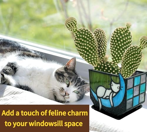 Tiffany Stained Glass Funny Moon Sleeping Cat Planter,Flower Pots for Indoor Plants,Plant Pot with Drainage,Cute Grey Cat Plant Pots,Gifts for Plant Lovers,4.6x3x5.15 in - Image 4