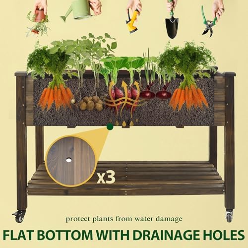 VEIKOU 48x24x33in Cedar Raised Garden Bed, Planter Raised Beds with Lockable Wheels, Storage Shelf, Raised Garden Beds Outdoor for Backyard, Patio, Balcony, Rustic - Image 5