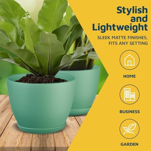 Mint Plant Pots with Drainage Holes & Saucers 15 Pack, Indoor & Outdoor Stackable Space-Saving Planters for Houseplants & Flowers, (7", 6.7", 6", 5.3", and 4.8" Inches), Durable & Weatherproof - Image 3