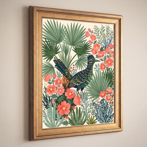 Framed Canvas Wall Art Bohemian Gouache Roadrunner in Desert Scrub Pink Globemallow Sage Palms Canvas Print Poster Gold Frame Wall Decor for Living Room Southwest Decor, Bird Art - Inch 16x20 - Image 5