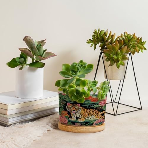 Chinoiserie Tiger Ceramic Planters Green and Turquoise Tiger Stripe Snake Plant Live Indoor with Pot with Drainage Holes and Saucers Pot for Home Office Desk Garden - Image 4