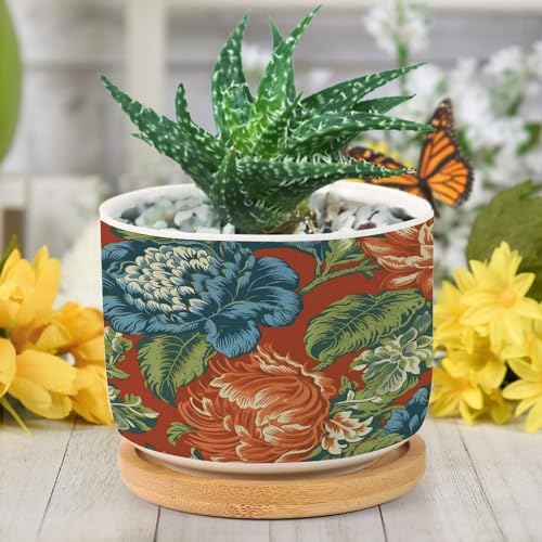 Blue Floral Chinoiserie on Orange Planters Ceramic Peony Chic Asian Round Flower Pot with Drainage Holes and Bamboo Tray Pot for Pots Outdoor Indoor Plants - Image 6