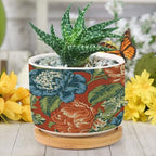 Blue Floral Chinoiserie on Orange Planters Ceramic Peony Chic Asian Round Flower Pot with Drainage Holes and Bamboo Tray Pot for Pots Outdoor Indoor Plants - Image 6