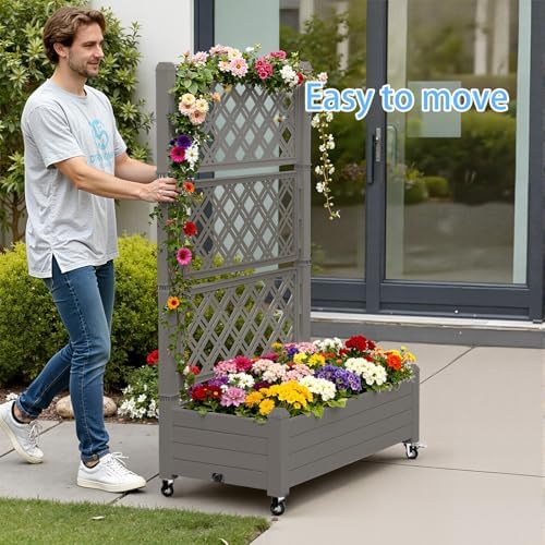 Vixzen 64" Tall Raised Garden Bed,Outdoor Large Resin Planter Box with Trellis and Drain Plug for Climbing Plants,Easy to Assemble,Water Monitor,Mobility(Light Brown, 43.43"×18.27"×64.29") - Image 7