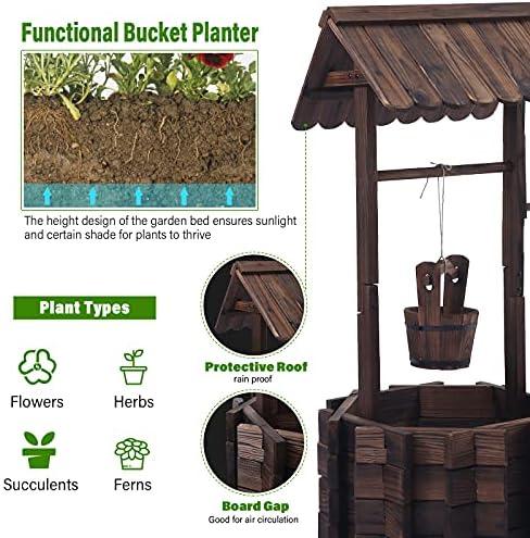 Notume Garden Wooden Decor Rustic Wishing Well Planter Outdoor Home Décor for Patio, Upgrade Wishing Well Garden, Yard Hanging Bucket Patio Lawn Backyard Home Decor - Image 3