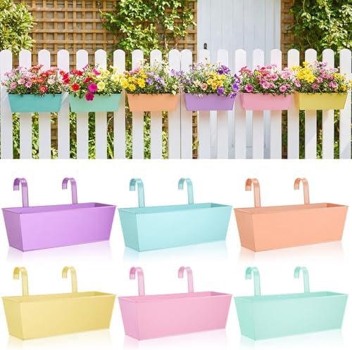 6 Pack Hanging Flower Pot Colorful Metal Iron Bucket Fence Hanging Planters with Detachable Hook Bucket Flower Holder for Railing Balcony Garden Yard Spring Decor (16.1 x 5.1 x 5.1 in,Square) by Romooa