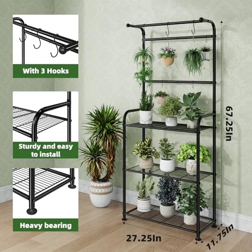 Ekisemio Plant Stands Outdoor with Hooks, Metal Tall Plant Shelves Indoor for Hanging Planter, Black - Image 6