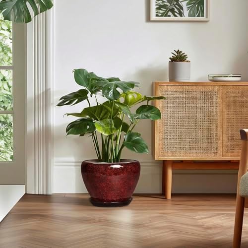 Ceramic Plant Pots - 10 Inch Planters for Plants Indoor Outdoor, Round Plant Pots with Drainage Hole and Saucer, Decorative Indoor Planter, Office Decor, Gifts for Plant Lovers, Red Leopard - Image 3