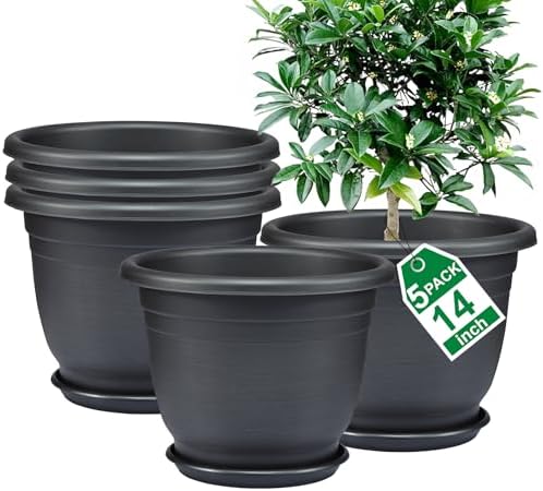 5 Packs 14 inch Flower Pots + Saucers, Large Indoor & Outdoor Pot by Shineloha