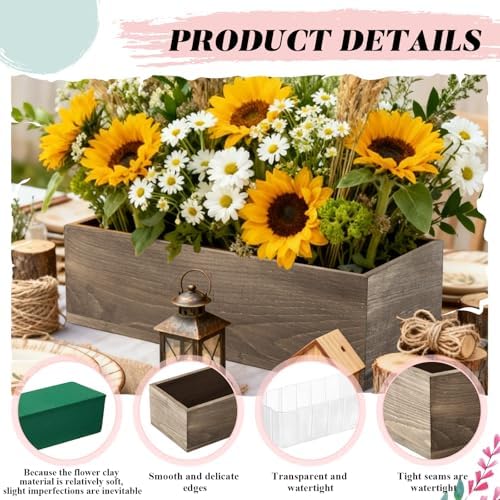 Dandat 12 Set Wood Boxes for Centerpieces 12x4 Inch Rectangle Wooden Planter Box Rustic Wooden Planters with Removable Plastic Liner Floral Foam Blocks for Christmas Wedding Home Garden Decor(Brown) - Image 3
