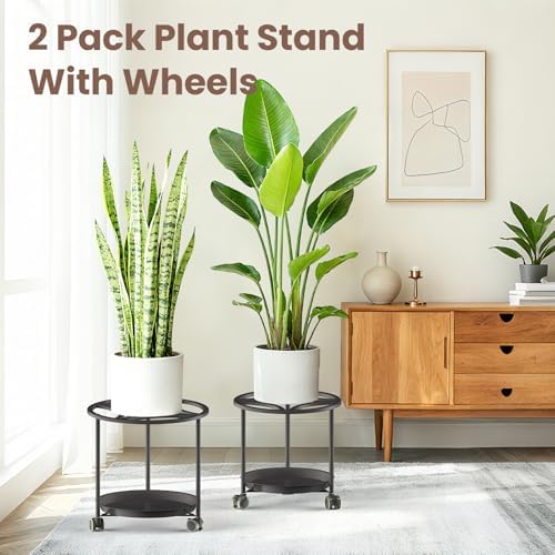 TOSKING 2-Pack Black Round Rolling Plant Caddies with Water Tray – Metal Stands with Wheels, Geometric Pattern, for Indoor Planters (13" & 11") - Image 2