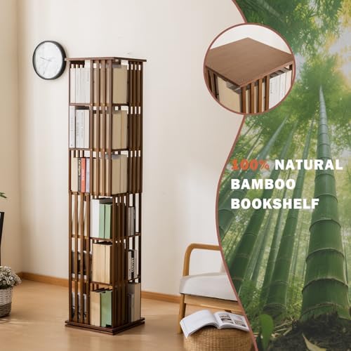SOBIBO Bamboo Rotating Bookshelf Tower, 360° Spinning Bookcase, 6-Tier Narrow Floor Standing Storage Rack for Corner, Office, Room (Walnut) - Image 7