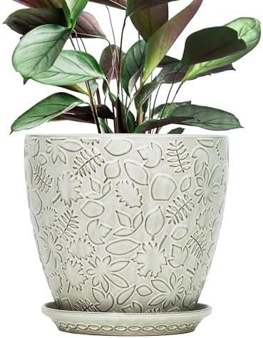 10inch Retro Ceramic Planter with Drainage Hole and Saucer for Multiple Plants, Indoor-Outdoor Garden Pots for Succulent, Orchid, and Flower (Fits Inner Pots Up to 9 Inch, Retro White) by Bestseler