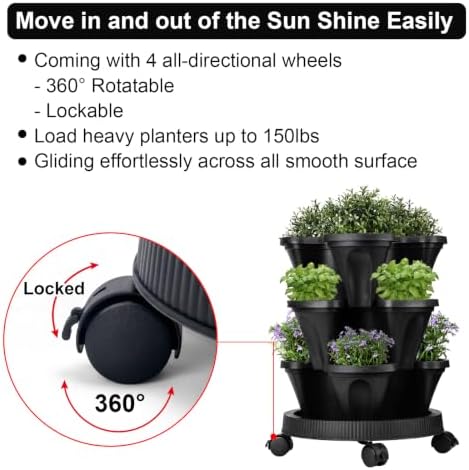 GameXcel Vertical Planter Tower - 3 Tier Stackable Garden Planters with Wheels and Garden Tool Set Plant Pots for Strawberry Herb Flower and Vegetable Indoor Outdoor Use Black - Image 4