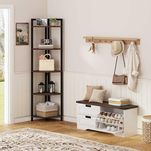FATORRI Rustic Tall Corner Shelf, 5 Tier Industrial Corner Bookshelf for Living Room, Dark Wood and Metal Corner Plant Stand for Home Office (Walnut Brown) - Image 3