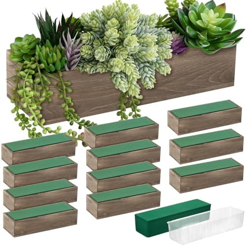 Dandat 12 Set Wood Boxes for Centerpieces 12x4 Inch Rectangle Wooden Planter Box Rustic Wooden Planters with Removable Plastic Liner Floral Foam Blocks for Christmas Wedding Home Garden Decor(Brown) by Dandat