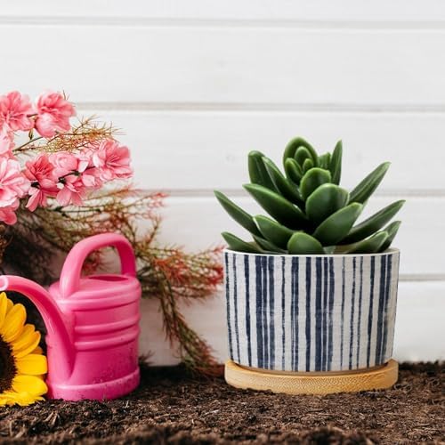 Blue French Ticking Stripes Planters Ceramic Feather Ticking Pattern Round Plant Pots with Drainage Holes and Bamboo Tray Pot for Home Desktop Office Windowsill - Image 5