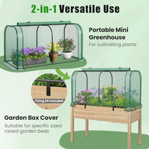 Giantex Raised Garden Bed with Cover, Wood Elevated Planter Box with Legs & Mini Greenhouse, Waterproof Sun-Protective PE Green House Cover, Outdoor Use for Fruit Vegetable Flower Herb (Green+Natural) - Image 3