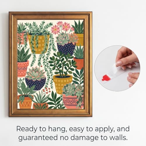 Framed Canvas Wall Art Bohemian Gouache Succulents in Pots Mustard Navy and Coral Canvas Print Poster Gold Frame Wall Decor for Living Room Office Botanical Art, Boho Decor - Inch 16x20 - Image 2