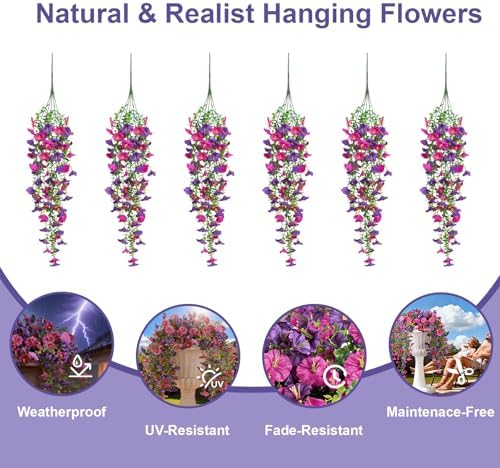 Artificial Hanging Flowers for Outdoors, 6 PCS 414 Blooms Ultra Full Morning Glory Vines, UV Resistant Faux Silk Hanging Plants for Porch Window Box Patio Garden Decor, Fuchsia & Light Purple - Image 4