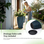 QCQHDU Set of 2 Large Tall Blue Planters with Saucer - 9 Gallon 12" Diameter x 21" H Faux Stone Round Pots for Indoor Plants, Outdoor Patio & Porch Decor, Heavy Duty Weatherproof Plant Containers - Image 2