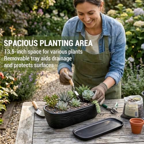 MyGift 13.5 inch Succulent Planter Pot, Oval Modern Ceramic Plant Box Container with Wave Textured Pattern and Removable Saucer Drip Tray (Black) - Image 3