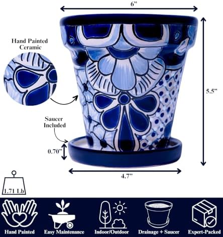 Talavera Planter - Mexican Ceramic Pot with Drainage (White & Blue-Medium) - Image 2