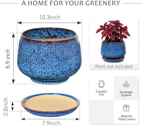 10.3 Inch Ceramic Planter with Saucer,Modern Garden Pots with Drainage Hole Mesh Net, for Indoor Outdoor Use (Speckle Blue) - Image 6