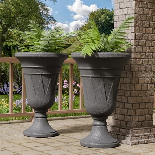 Tall Plastic Urn Planters and Pedestal - 24" Outdoor Planter Grey by Outdoorchairs