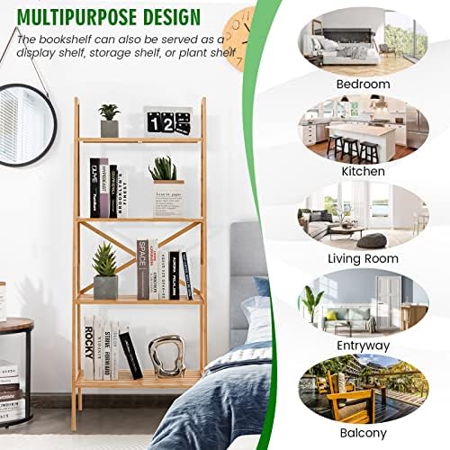 S AFSTAR 4-Tier Freestanding Bamboo Ladder Bookshelf, 58" Tall Ladder Shelf W/Anti-Toppling Device, Wooden Bookcase Storage Rack Plant Stand for Living Room Bedroom Balcony Kitchen Bathroom - Image 5